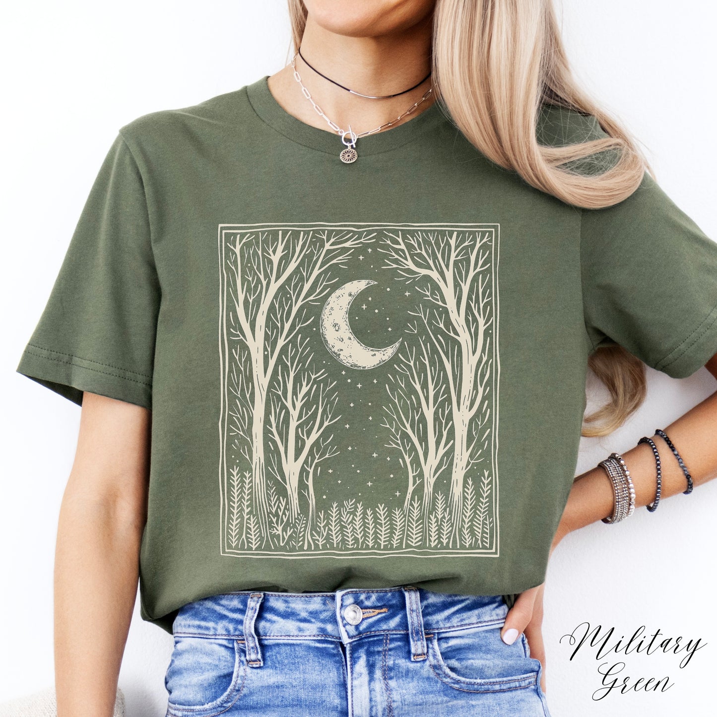 Bohemian Dark Forest Vintage Graphic Tee - Moon and Tree Nature Shirt