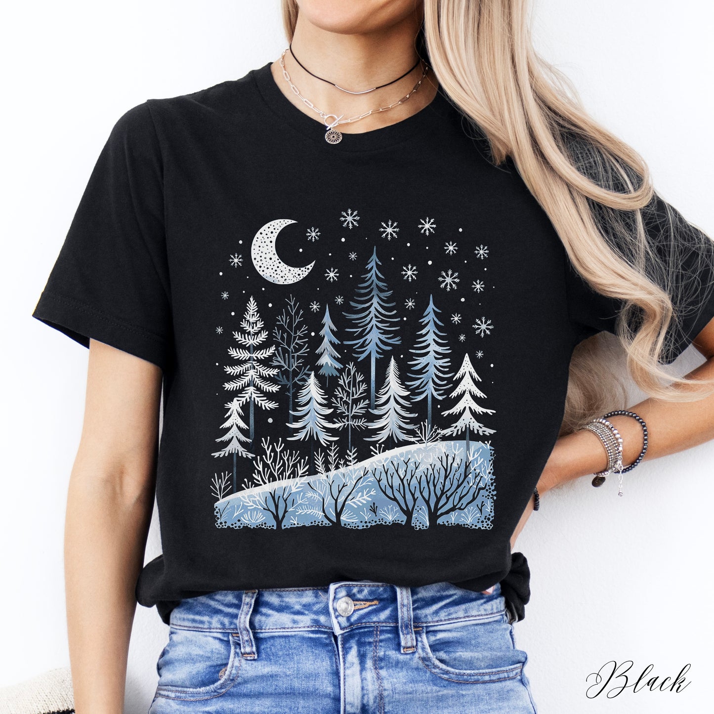 Boho Winter Moon and Forest Shirt - Celestial Woodland Christmas Shirt