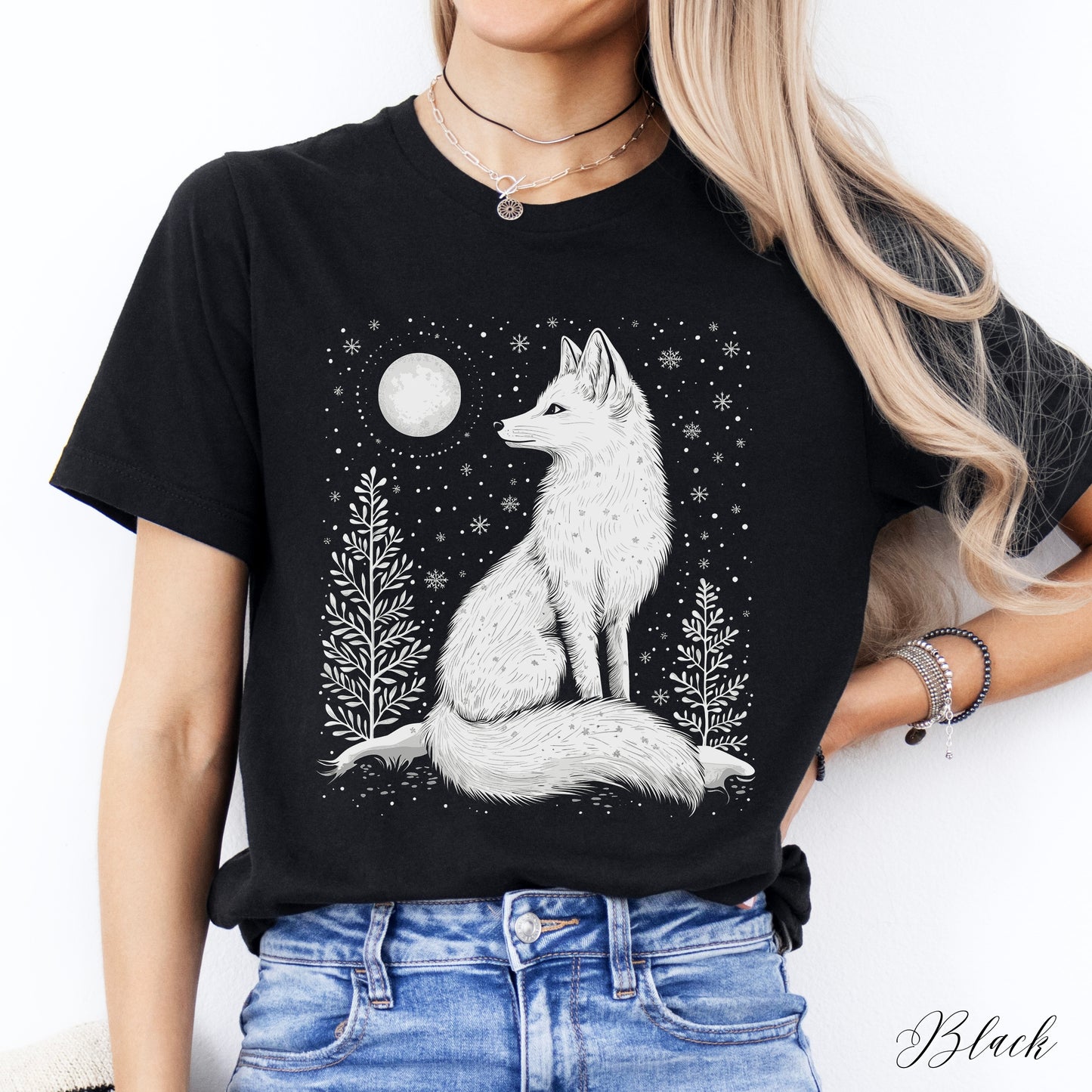 Boho Arctic Fox Shirt - Moon and White Fox Christmas Shirt