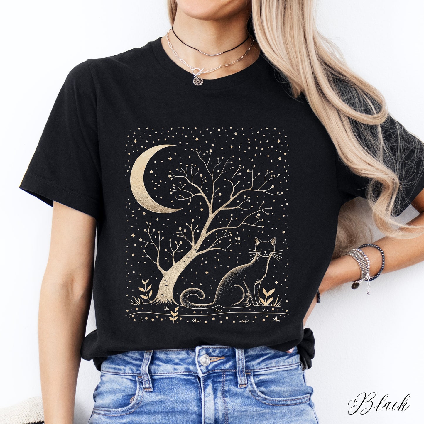 Moonlit Cat Shirt - Bohemian Moon Cat Vintage Graphic Tee