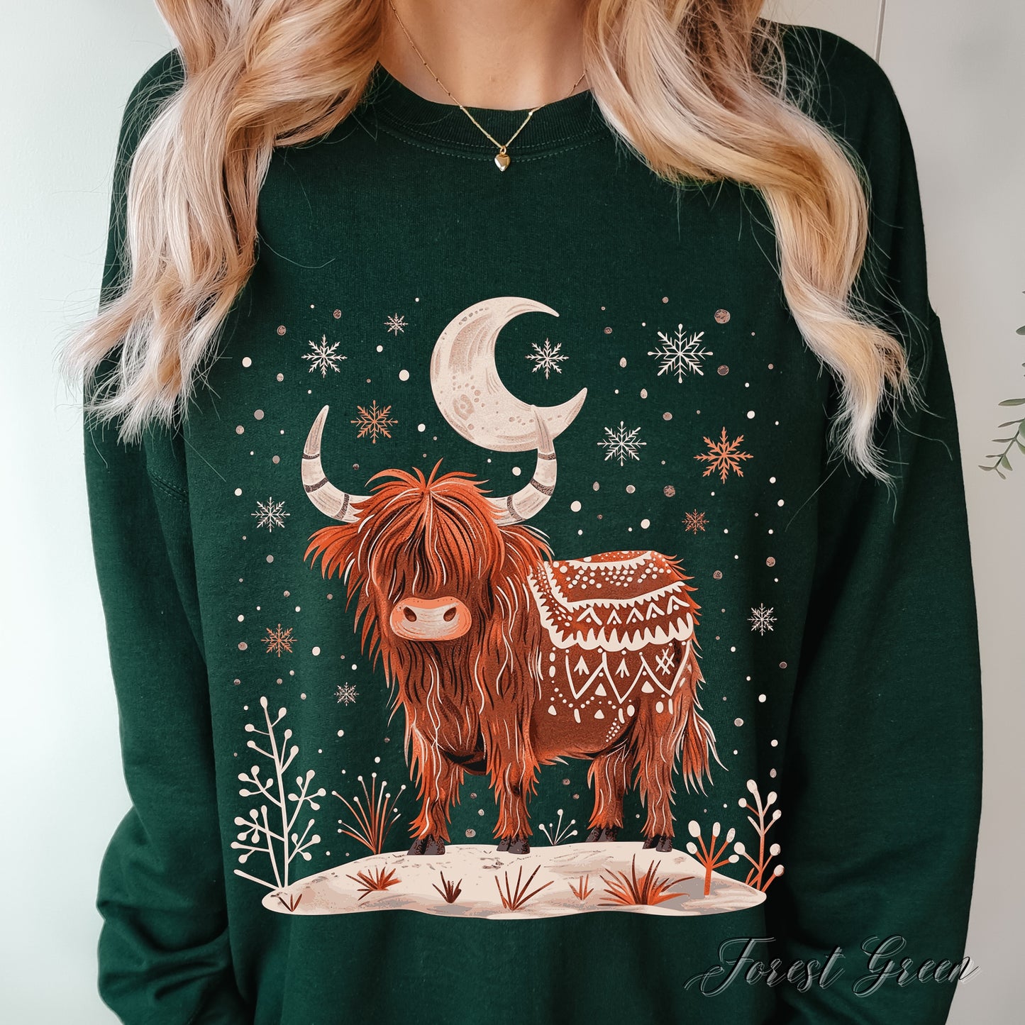 Highland Cow Christmas Sweatshirt - Moon Cow Sweatshirt - Boho Winter Jumper