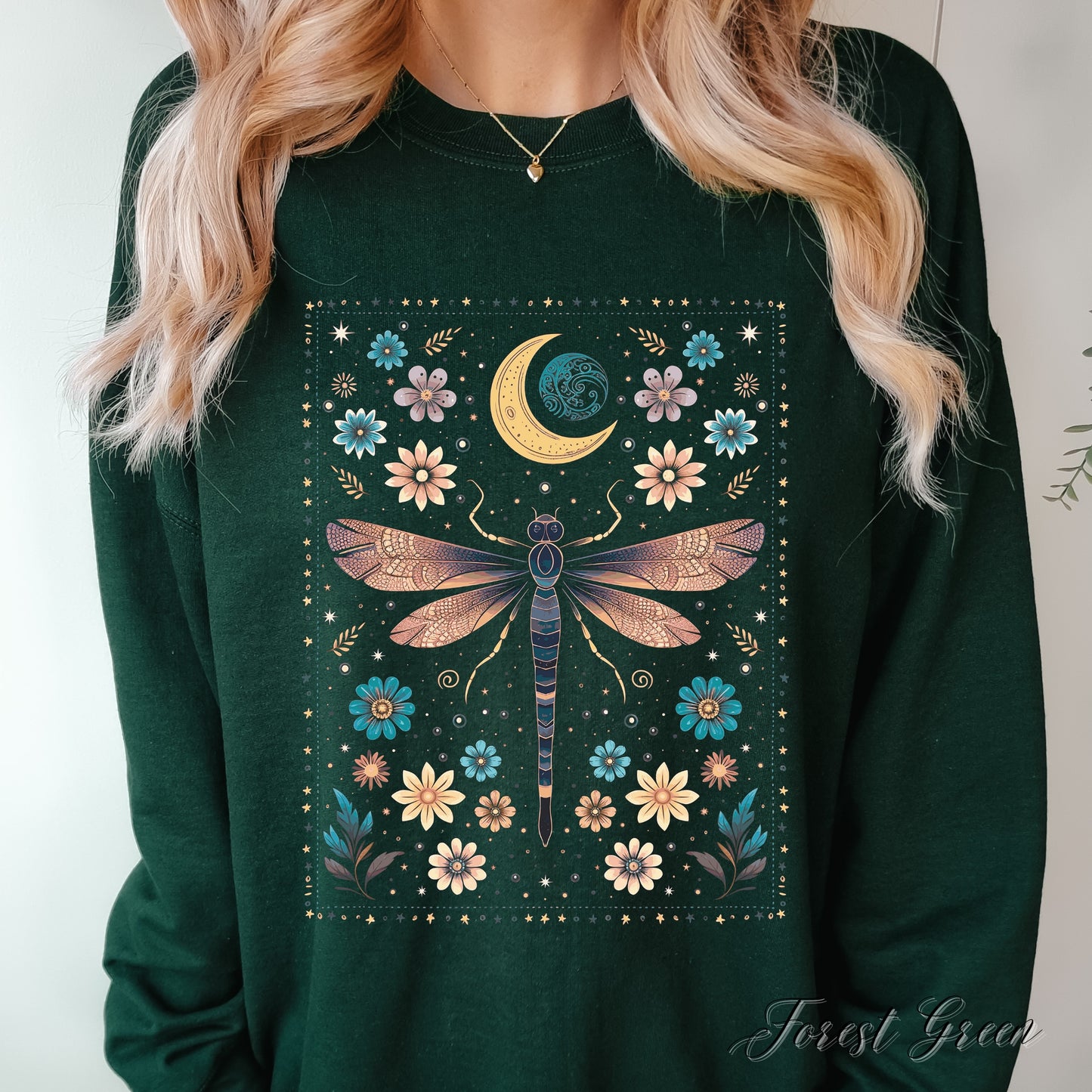 Bohemian Vintage Dragonfly Sweatshirt - Celestial Floral Hippie Sweatshirt