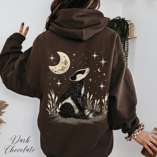 Mystic Moon and Badger Hoodie - Cottagecore Forest Animal Hoodie