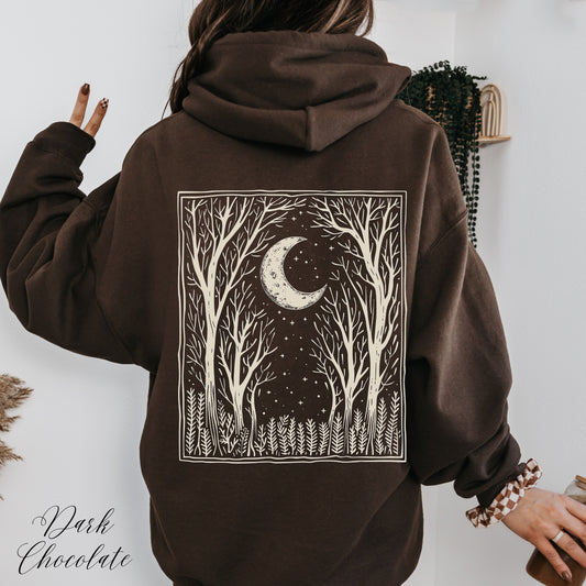 Boho Dark Forest Hoodie - Vintage Graphic Woodland and Moon Hoodie