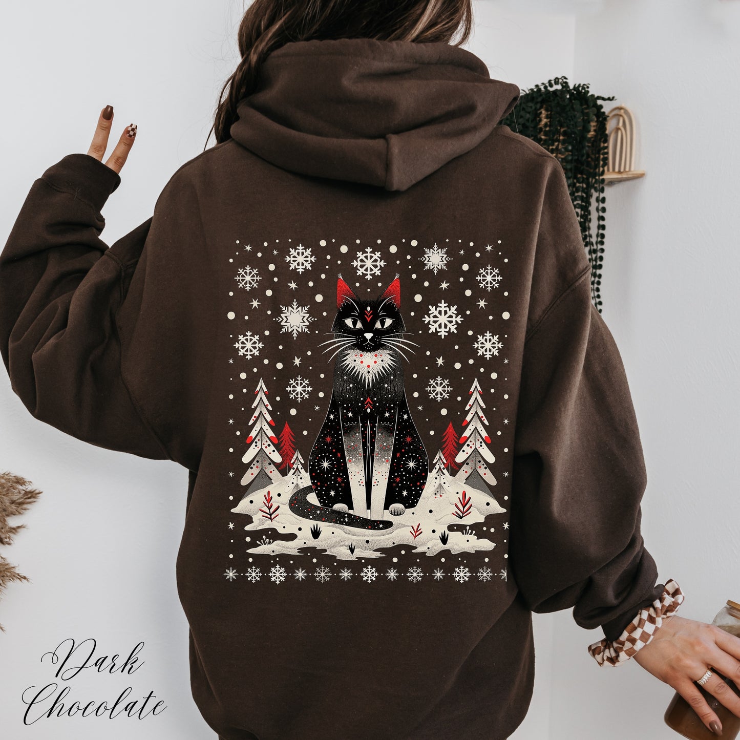 Scandinavian Christmas Cat Hoodie - Boho Christmas Hoodie