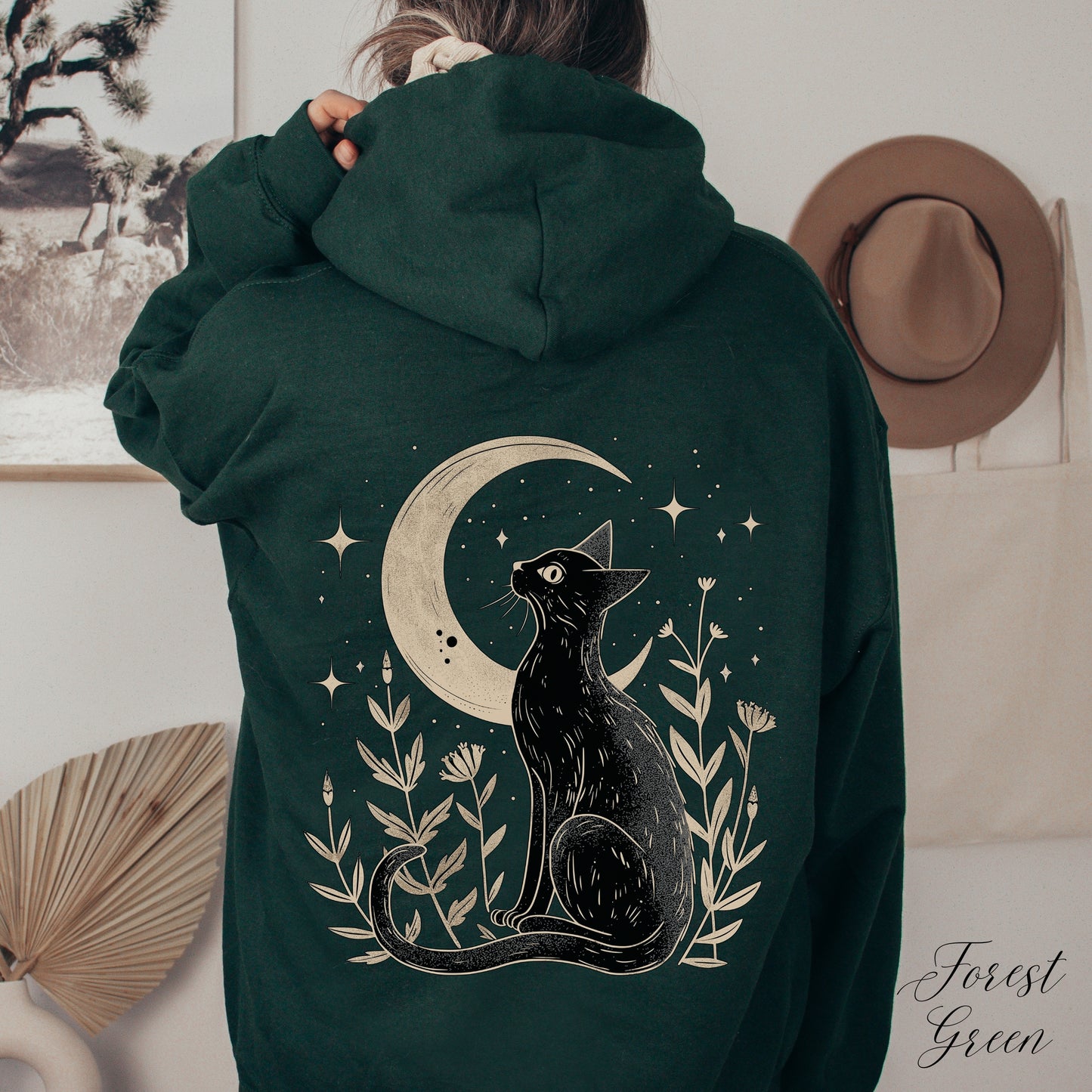 Mystic Moon Cat Hoodie - Vintage Aesthetic Boho Cat Lover Hoodie