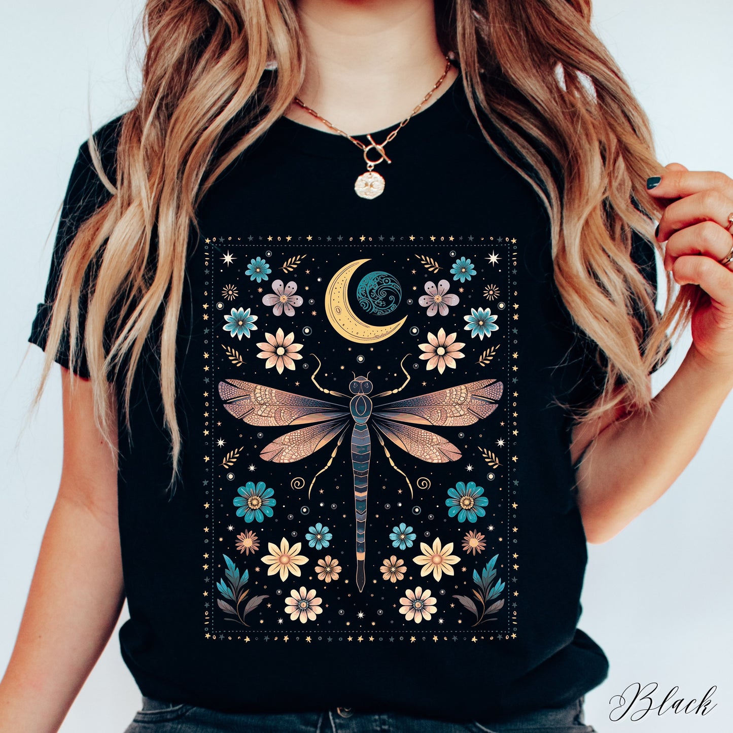 Vintage Dragonfly Shirt - Celestial Floral Moon and Dragonfly Graphic Tee - Boho Hippie Clothes