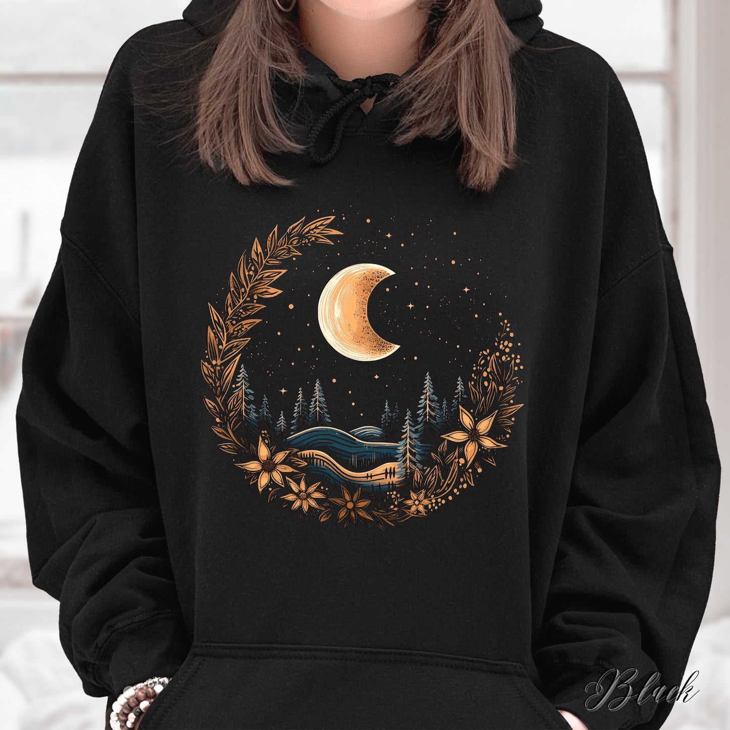 Bohemian Winter Moon Hoodie - Floral Moon Christmas Hoodie