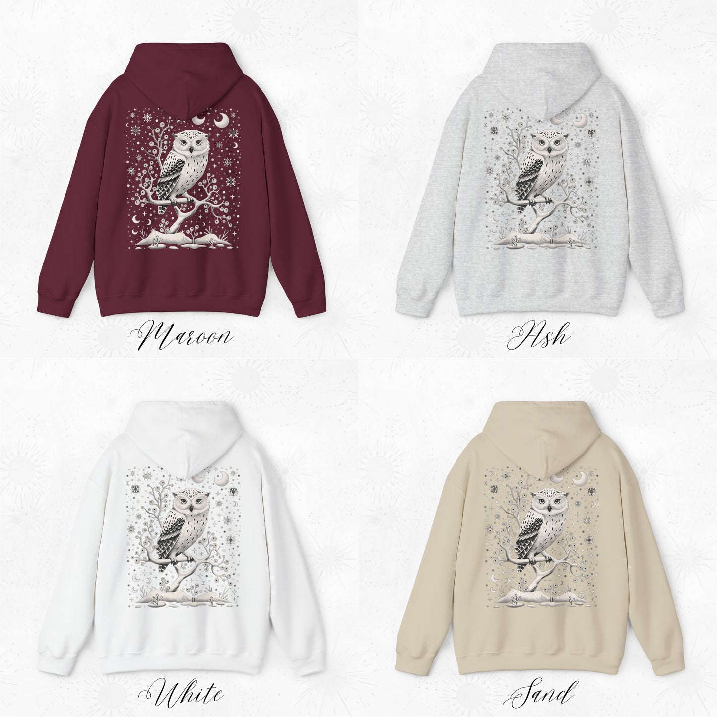Winter Moon Owl Hoodie - Celestial Boho Christmas Hoodie