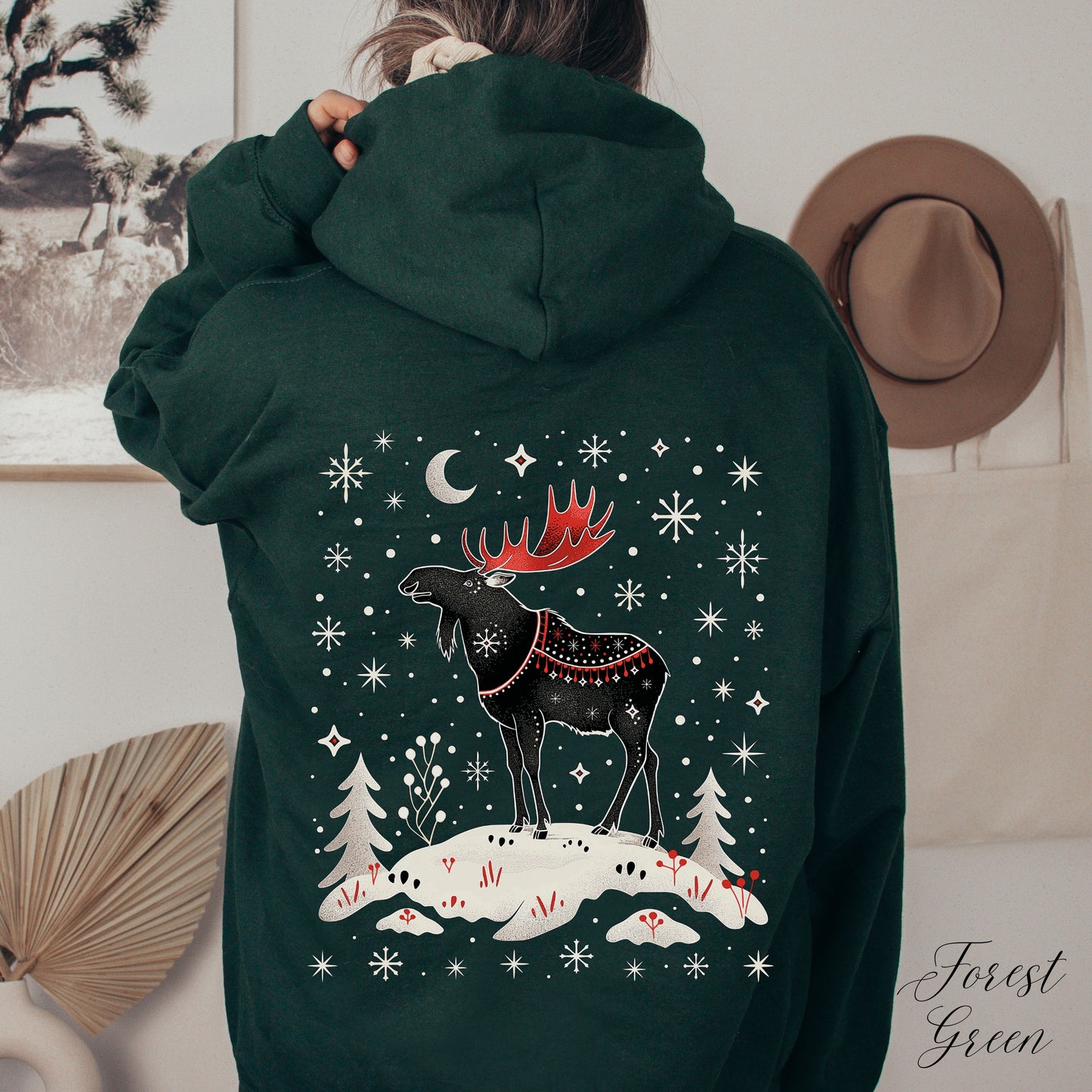 Snowy Moose Christmas Hoodie - Winter Deer Sweatshirt - Arctic Animal Holiday Gifts