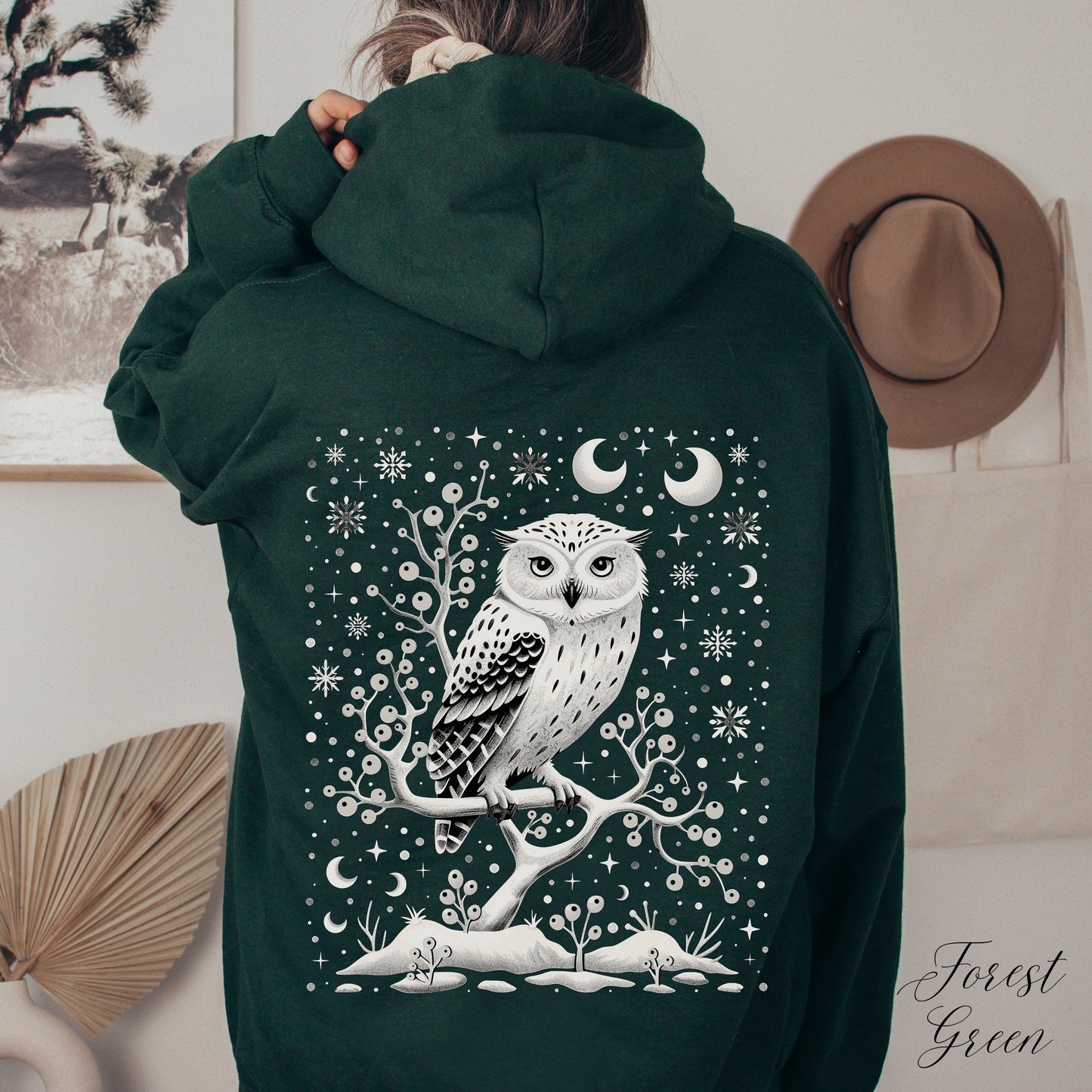 Winter Moon Owl Hoodie - Celestial Boho Christmas Hoodie