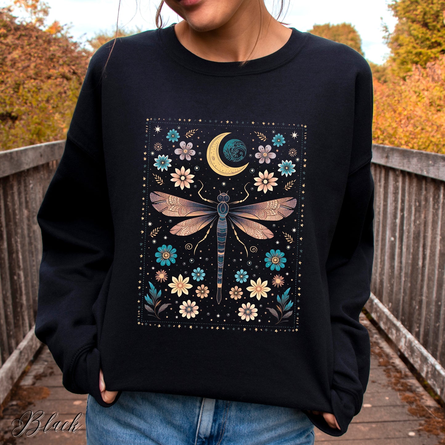 Bohemian Vintage Dragonfly Sweatshirt - Celestial Floral Hippie Sweatshirt