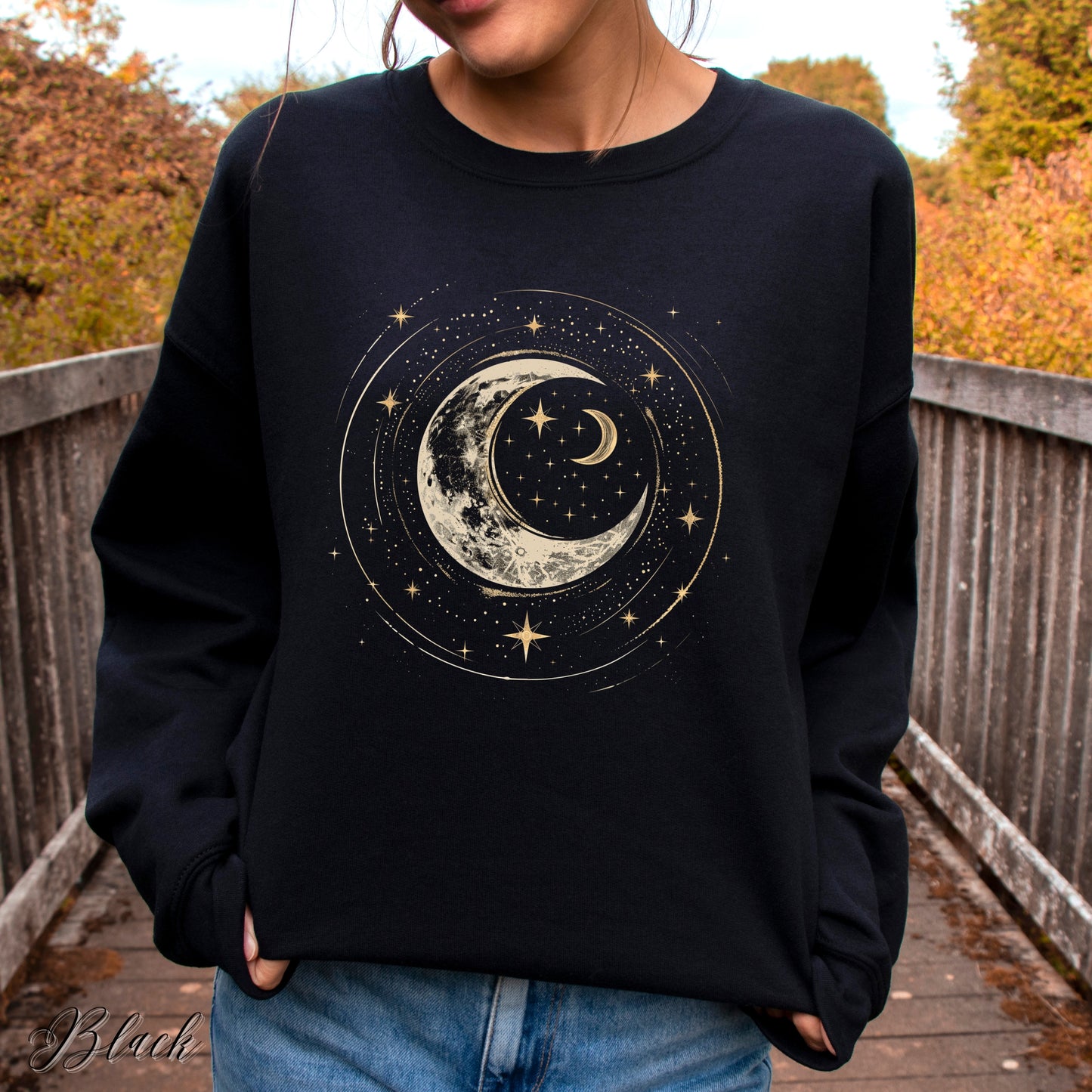 Crescent Moon Sweatshirt - Bohemian Moon Phase and Stars Jumper