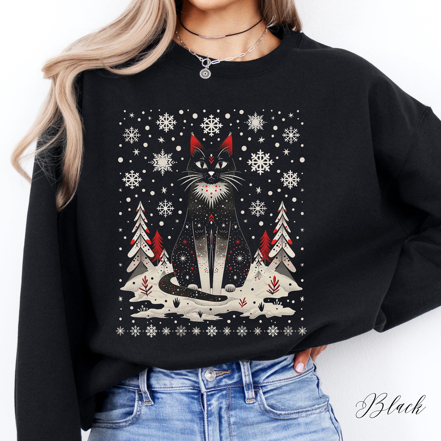 Scandinavian Christmas Cat Sweatshirt - Boho Christmas Sweatshirt