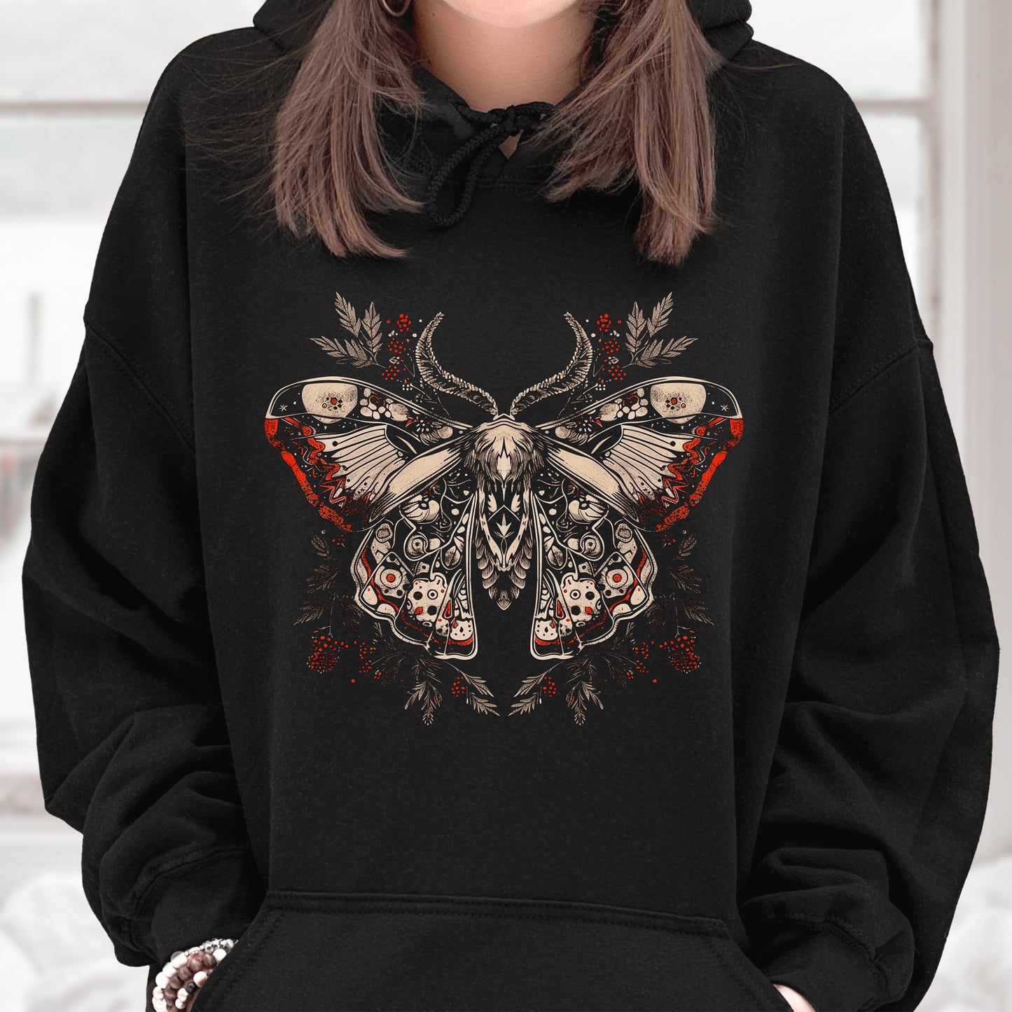 Witchy Norwegian Moth Hoodie - Dark Aesthetic Gothic Hoodie - Front Graphic Hoodie