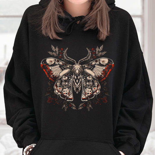 Witchy Norwegian Moth Hoodie - Dark Aesthetic Gothic Hoodie - Front Graphic Hoodie