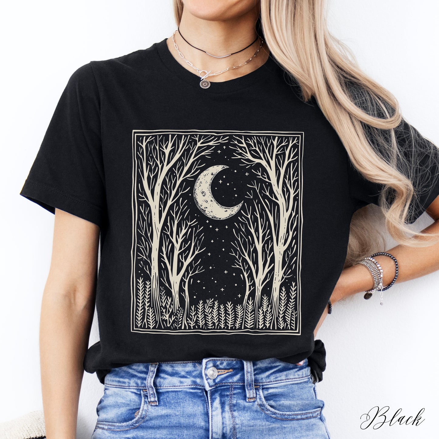 Bohemian Dark Forest Vintage Graphic Tee - Moon and Tree Nature Shirt
