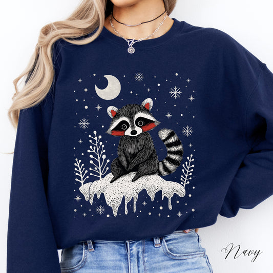 Snowy Raccoon Sweatshirt - Cottagecore Christmas Sweatshirt - Woodland Animal Winter Jumper