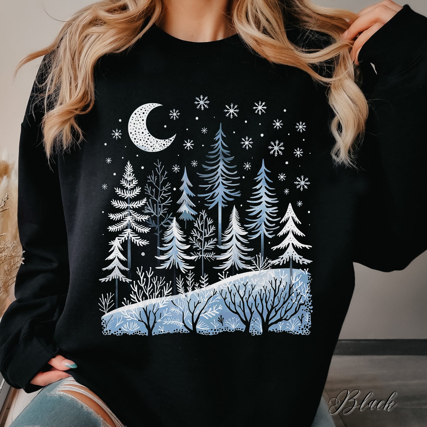 Boho Winter Forest Sweatshirt - Woodland and Moon Christmas Jumper