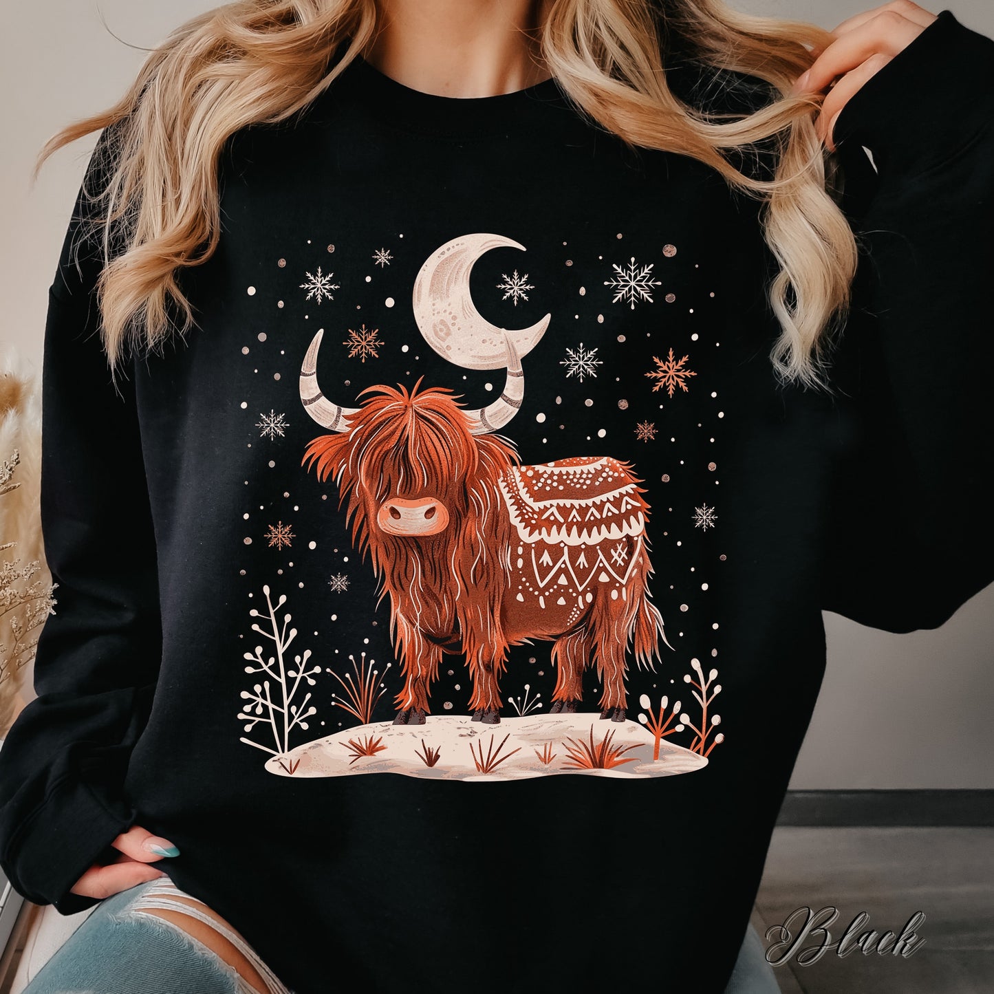 Highland Cow Christmas Sweatshirt - Moon Cow Sweatshirt - Boho Winter Jumper