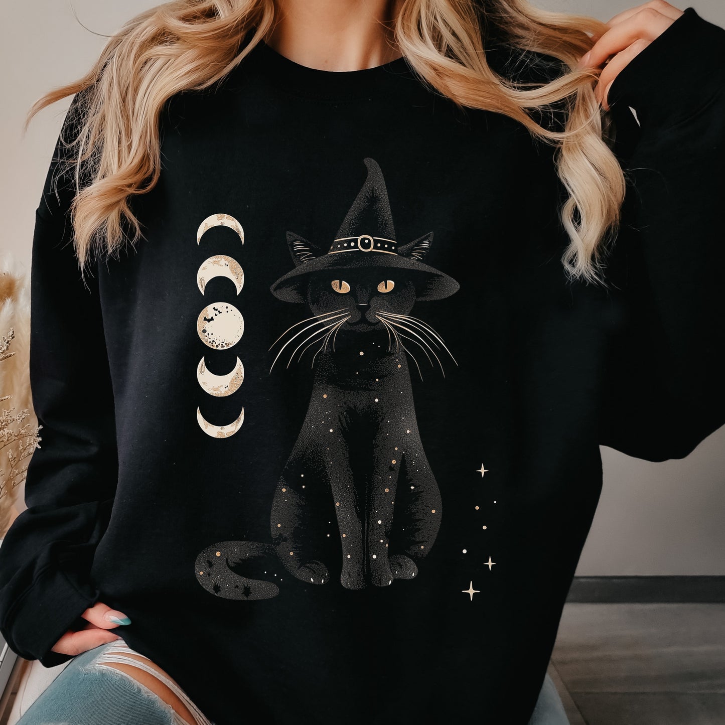 Halloween Cat Sweatshirt - Moon Cat Halloween Sweatshirt - Witch Cat Jumper