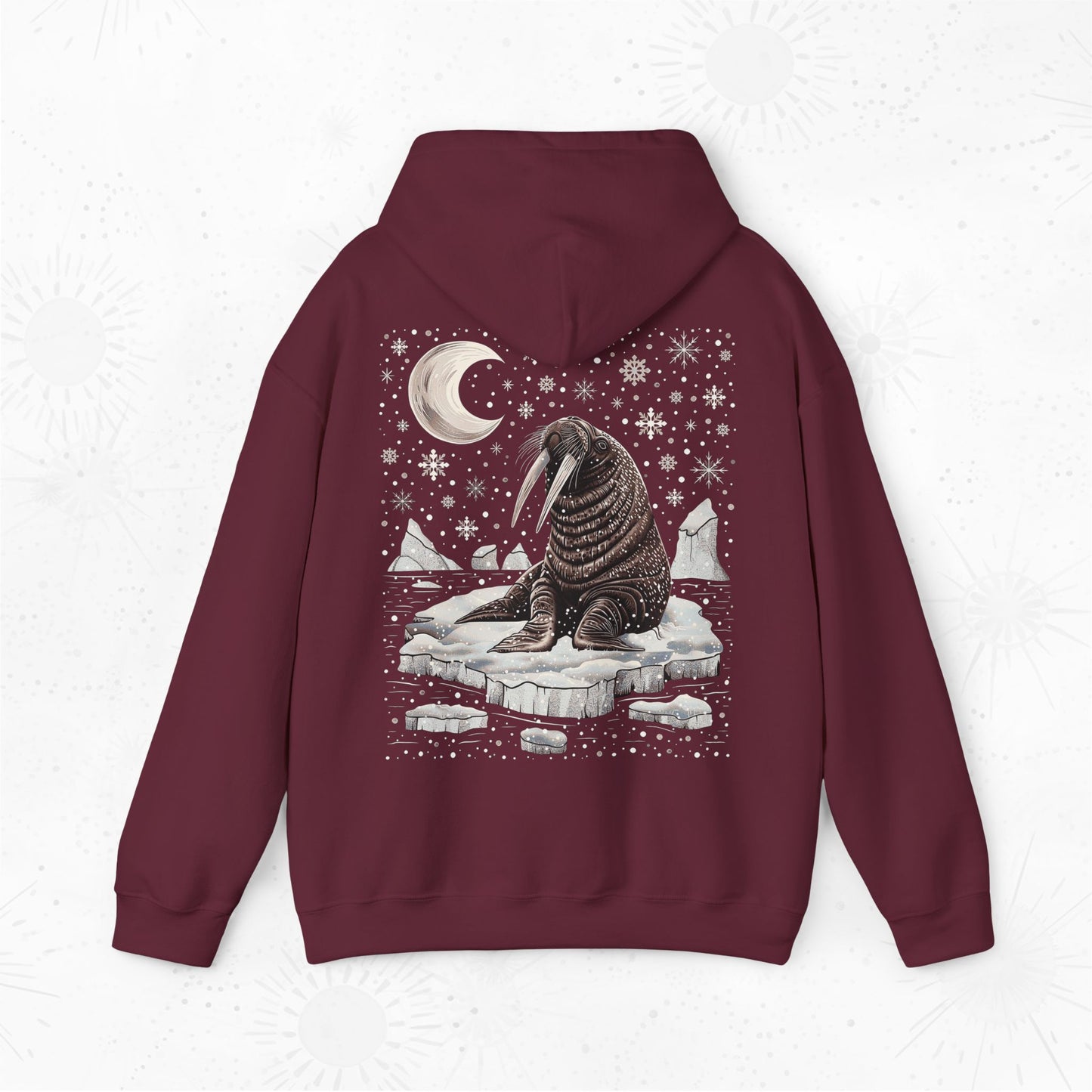 Boho Snow Moon and Walrus Hoodie - Nordic Christmas Animal Hoodie
