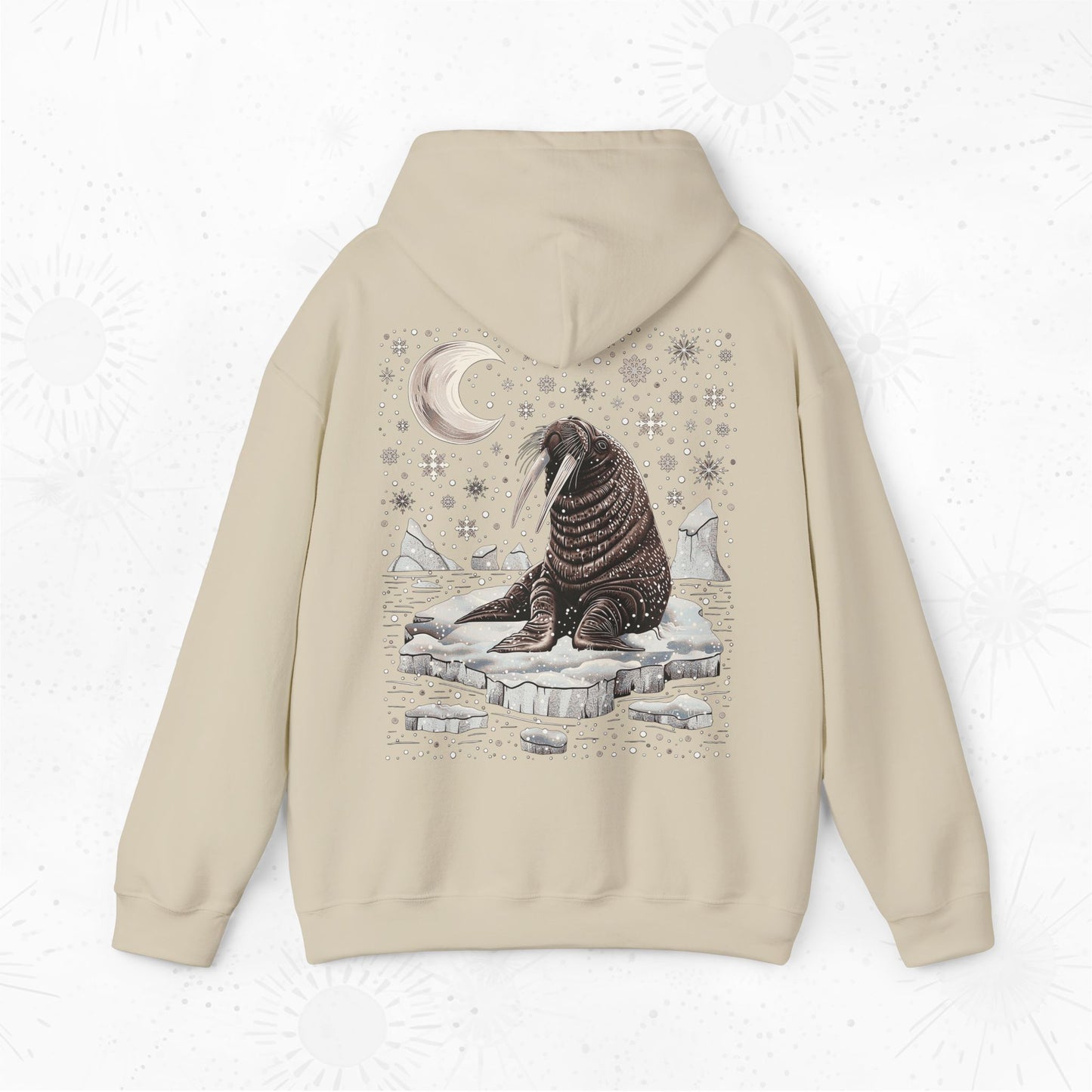 Boho Snow Moon and Walrus Hoodie - Nordic Christmas Animal Hoodie