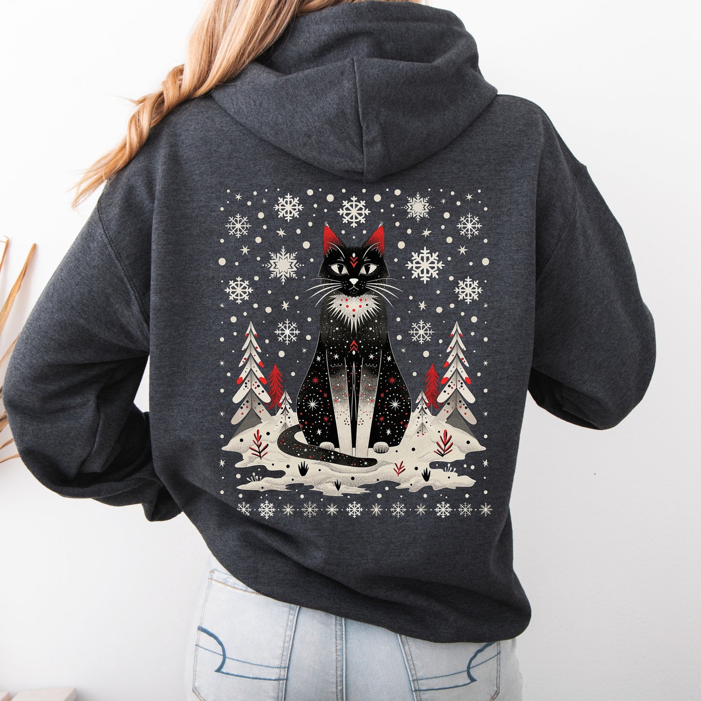 Scandinavian Christmas Cat Hoodie - Boho Christmas Hoodie