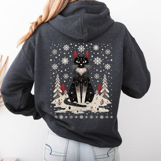 Scandinavian Christmas Cat Hoodie - Boho Christmas Hoodie