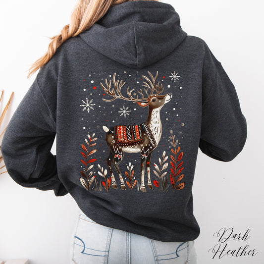 Boho Reindeer Hoodie - Cottagecore Christmas Hoodie - Forest Animal Winter Hoodie