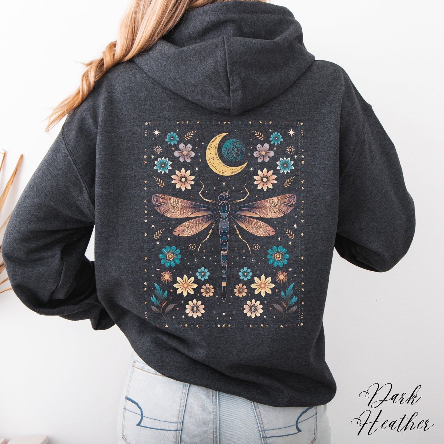 Mystical Vintage Dragonfly Hoodie - Celestial Floral Hippie and Boho Hoodie
