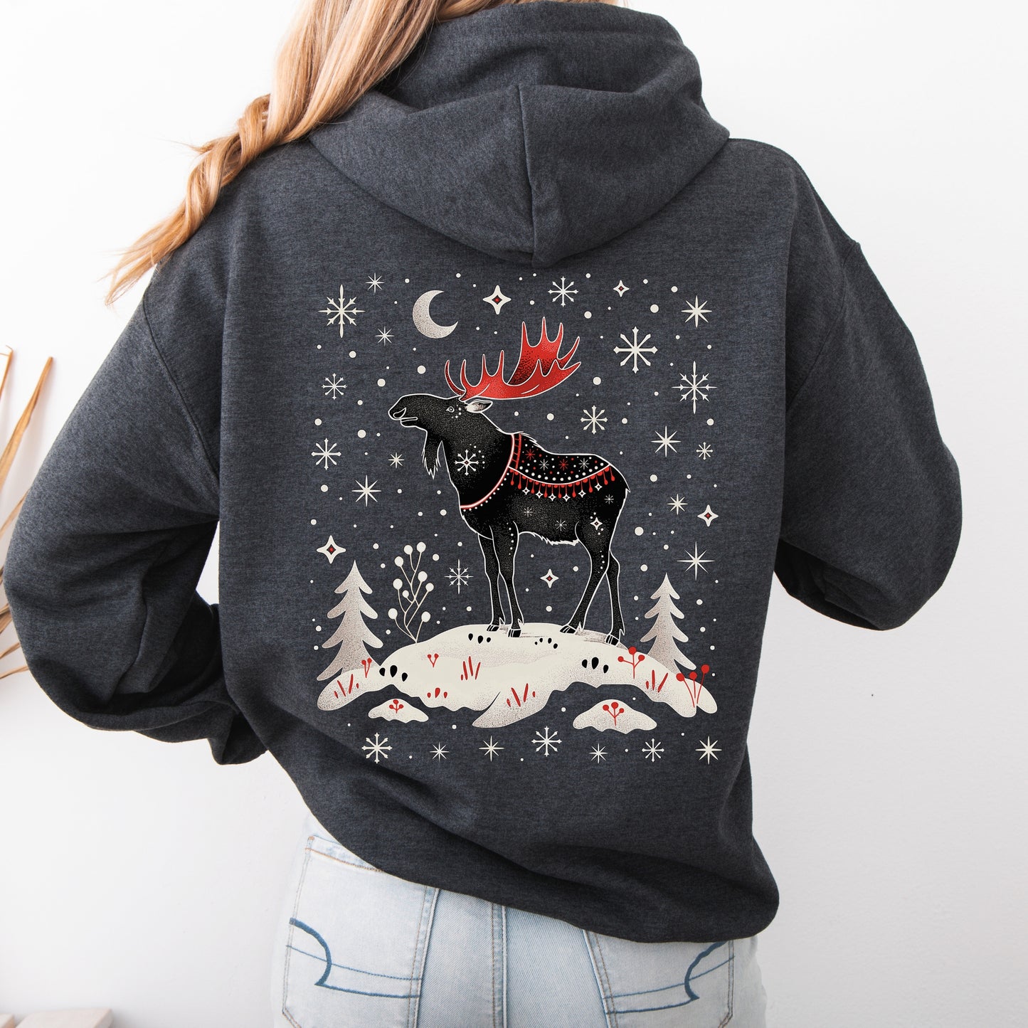 Snowy Moose Christmas Hoodie - Winter Deer Sweatshirt - Arctic Animal Holiday Gifts