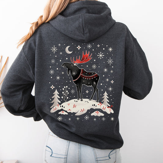 Snowy Moose Christmas Hoodie - Winter Deer Sweatshirt - Arctic Animal Holiday Gifts