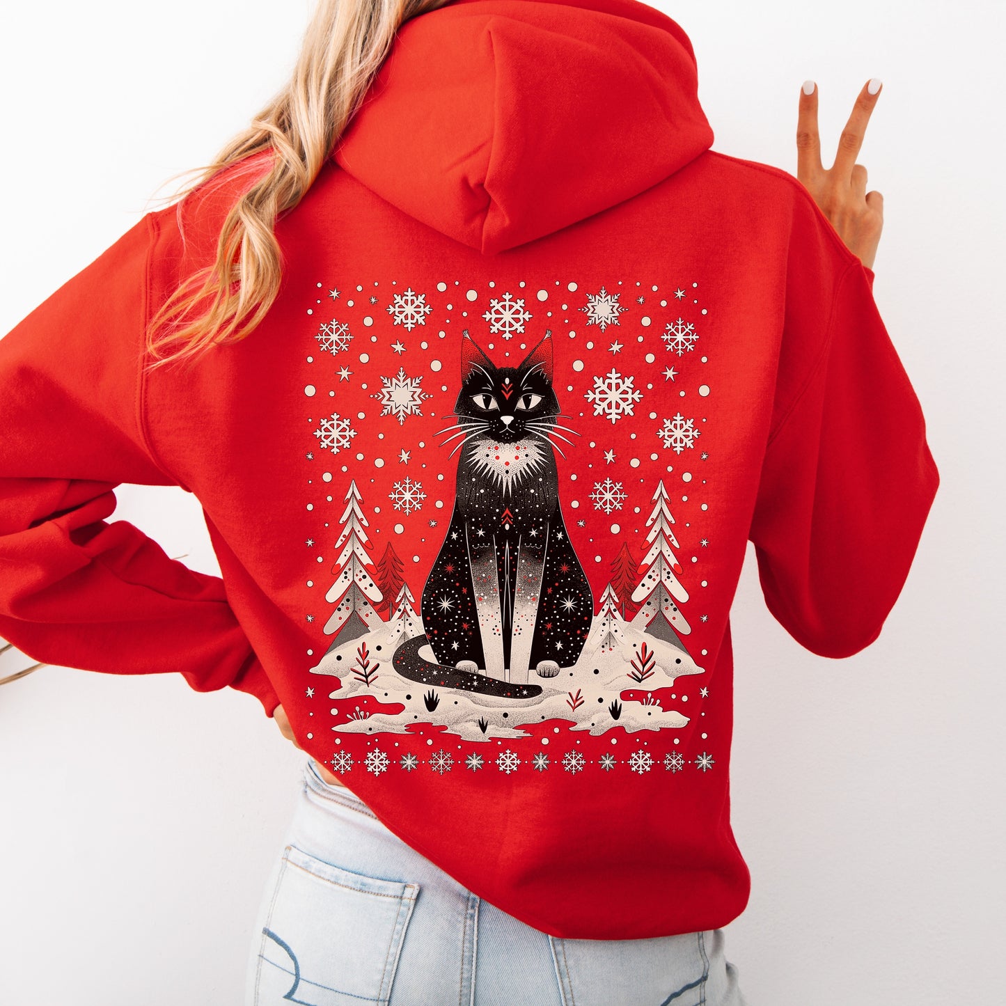 Scandinavian Christmas Cat Hoodie - Boho Christmas Hoodie