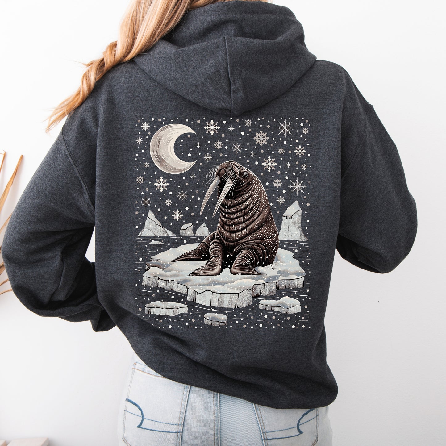 Boho Snow Moon and Walrus Hoodie - Nordic Christmas Animal Hoodie