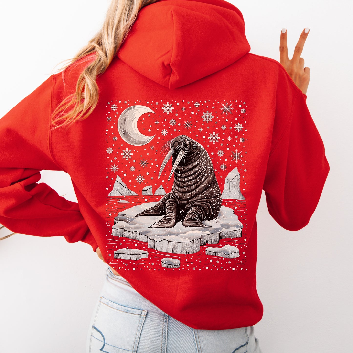Boho Snow Moon and Walrus Hoodie - Nordic Christmas Animal Hoodie