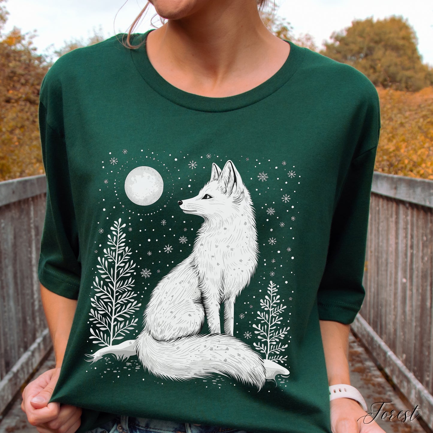 Boho Arctic Fox Shirt - Moon and White Fox Christmas Shirt