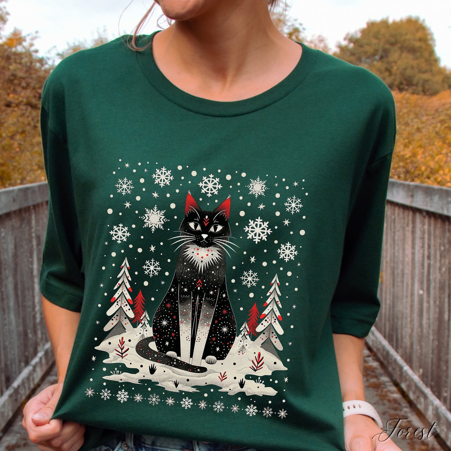 Festive Christmas Cat Shirt - Scandinavian Graphic Christmas Shirt