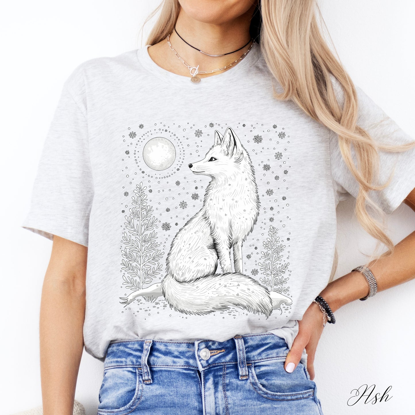 Boho Arctic Fox Shirt - Moon and White Fox Christmas Shirt