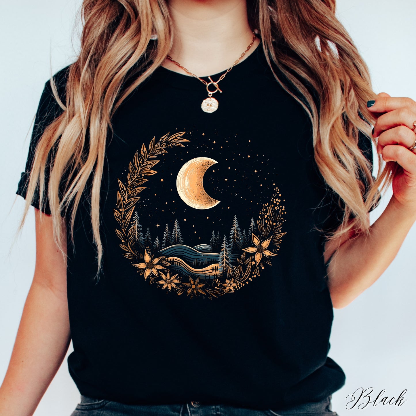 Floral Crescent Moon Shirt - Winter Moon Phase Shirt - Vintage Style Bohemian Graphic Tee