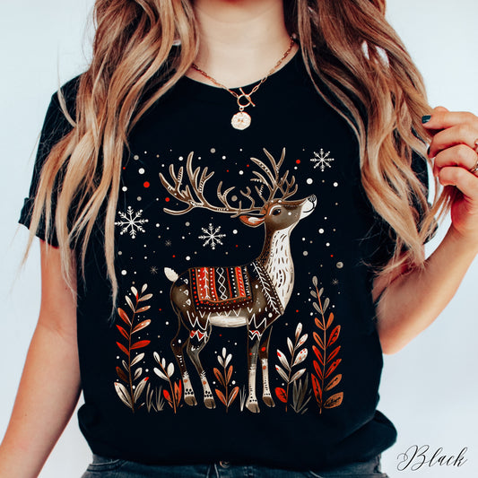 Boho Reindeer Christmas Shirt - Winter Deer Shirt - Cottagecore Woodland Animal Graphic Tee
