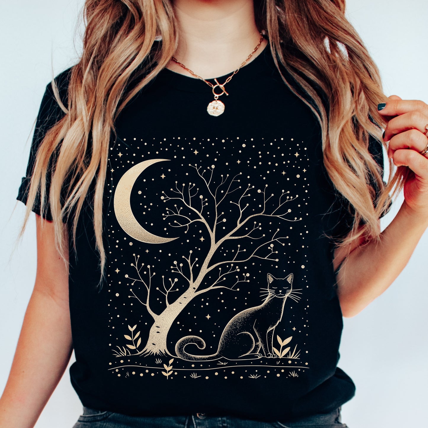 Moonlit Cat Shirt - Bohemian Moon Cat Vintage Graphic Tee