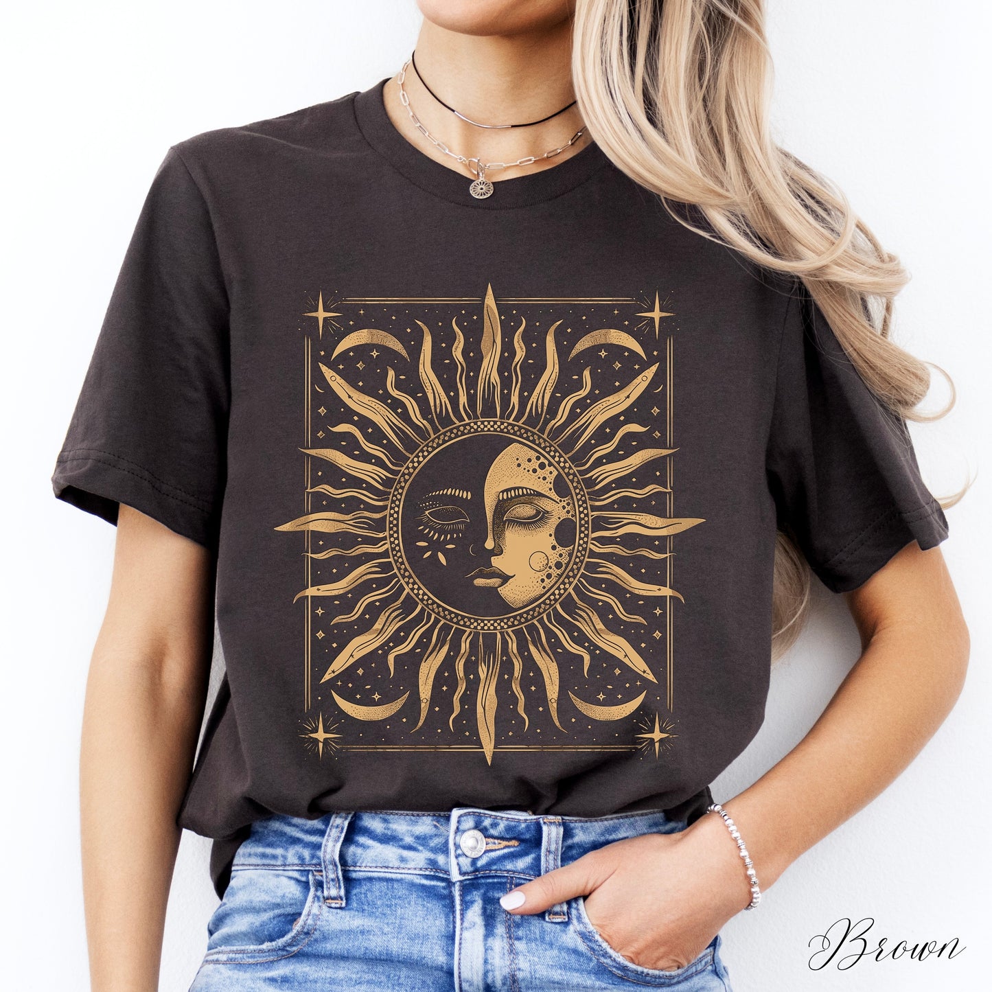 Bohemian Sun and Moon Phase Shirt - Celestial Vintage Graphic Tee