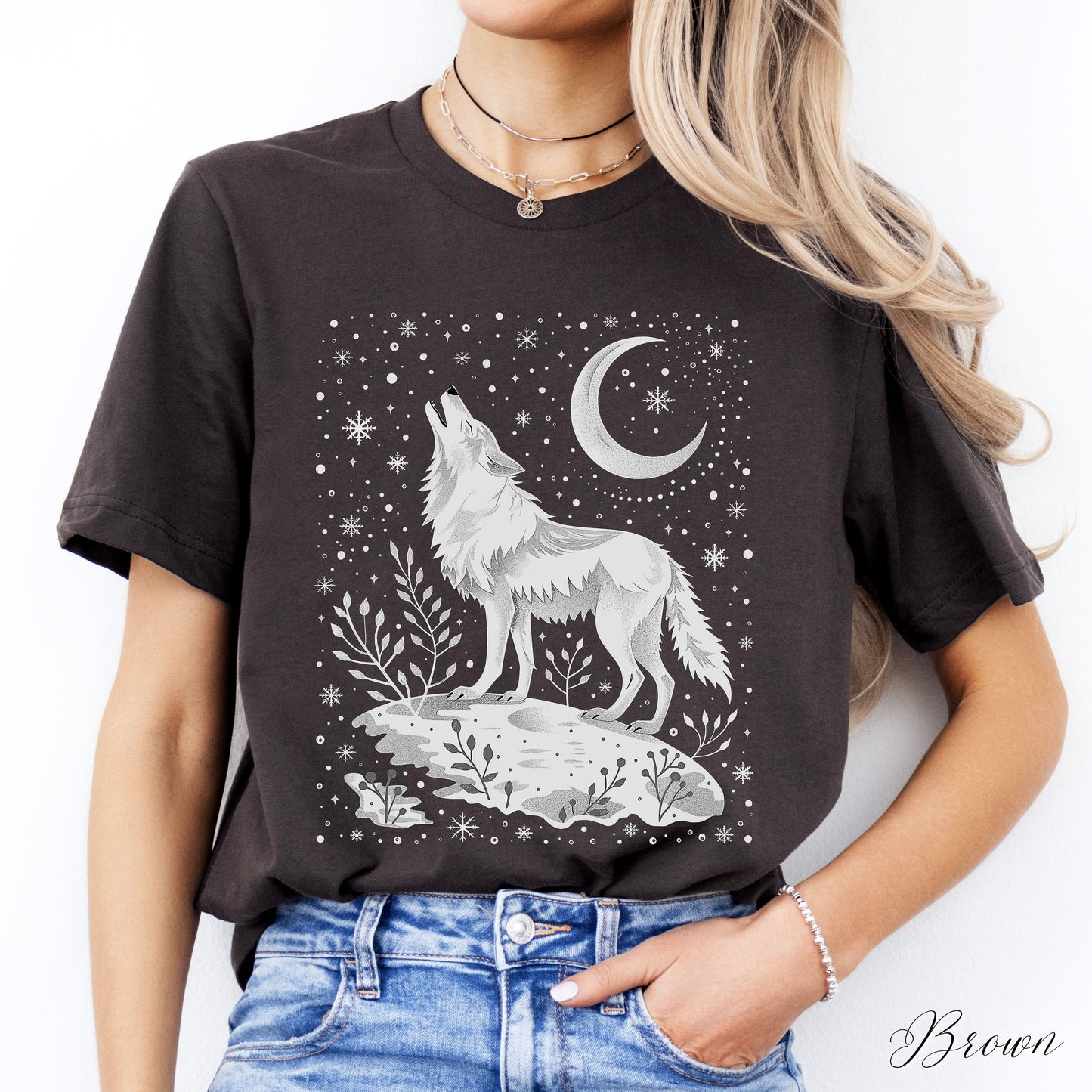 Celestial Arctic Wolf Shirt - Snowy Moon and Wolf Christmas Shirt