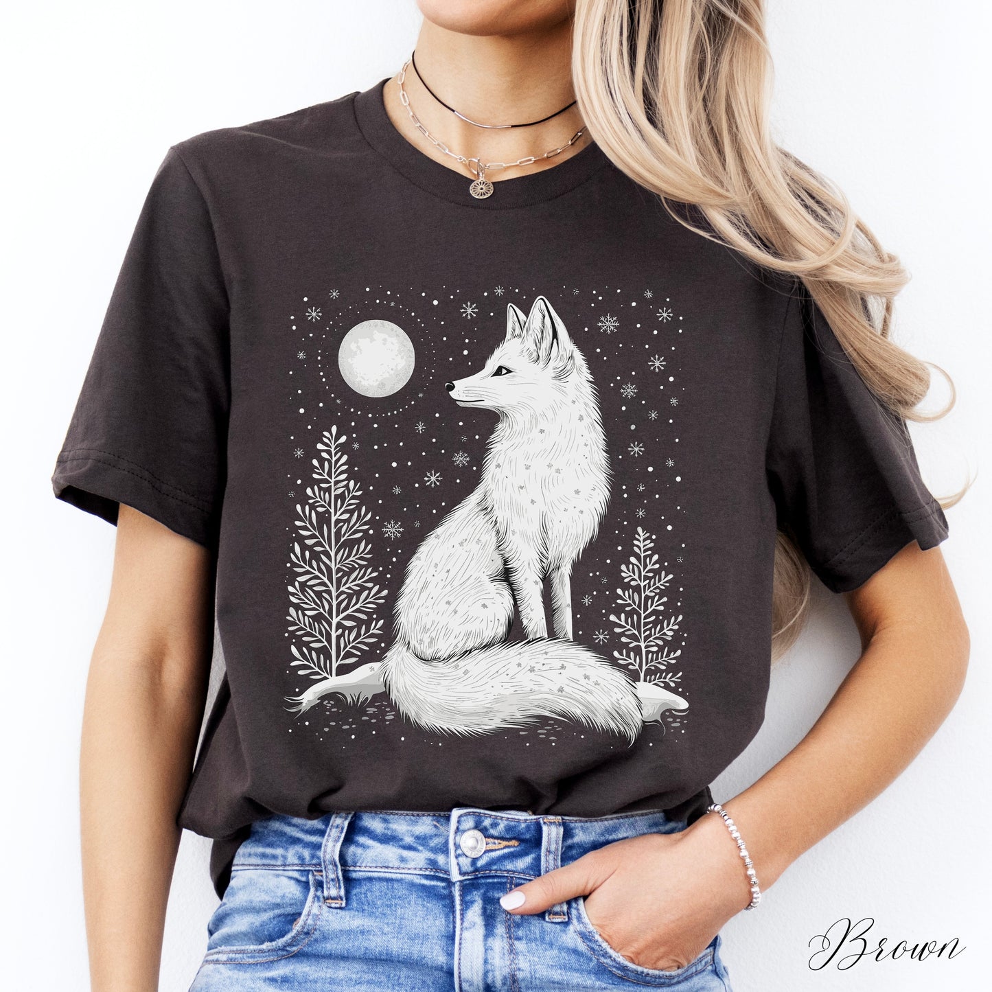 Boho Arctic Fox Shirt - Moon and White Fox Christmas Shirt