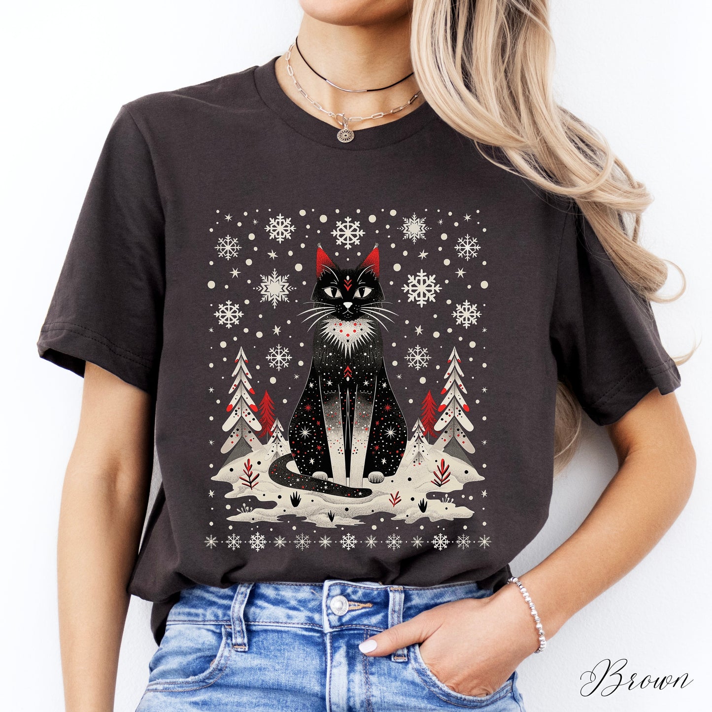 Festive Christmas Cat Shirt - Scandinavian Graphic Christmas Shirt