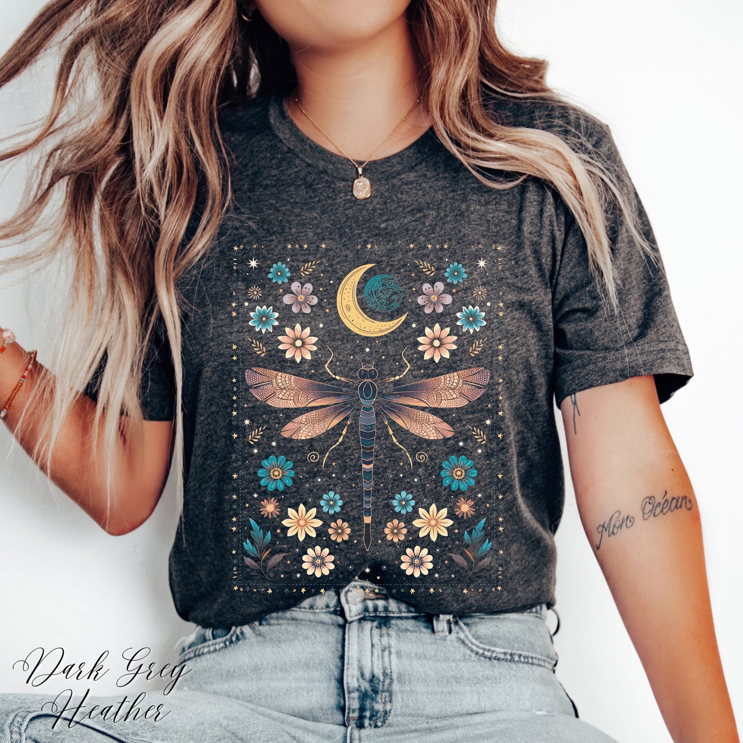 Vintage Dragonfly Shirt - Celestial Floral Moon and Dragonfly Graphic Tee - Boho Hippie Clothes