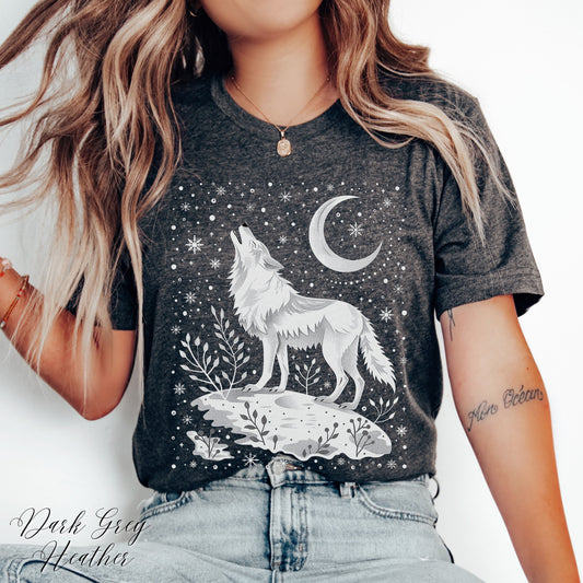 Celestial Arctic Wolf Shirt - Snowy Moon and Wolf Christmas Shirt