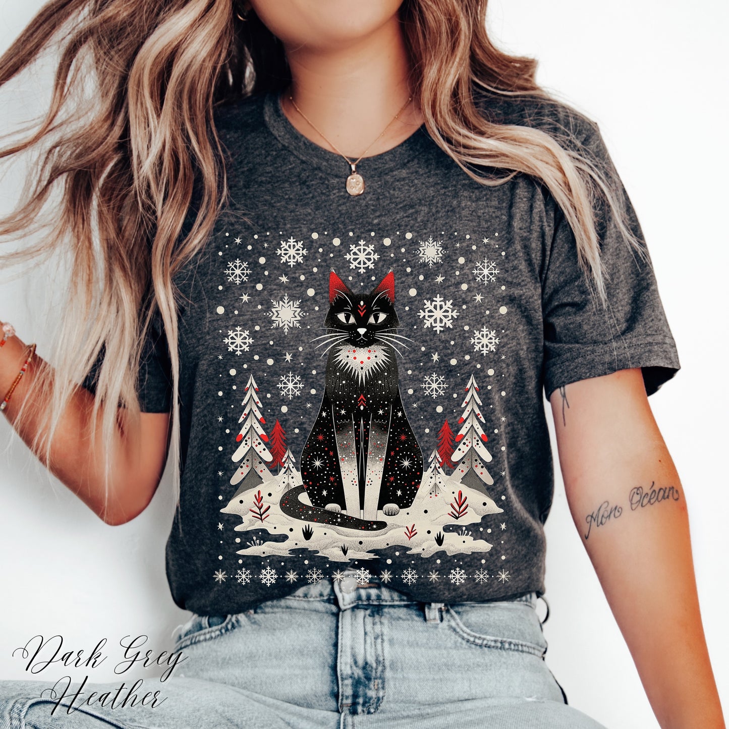 Festive Christmas Cat Shirt - Scandinavian Graphic Christmas Shirt