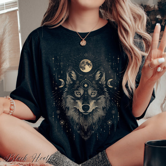 Mystic Moon Phase and Wolf Shirt - Folklore Wolf Moon Graphic Tee